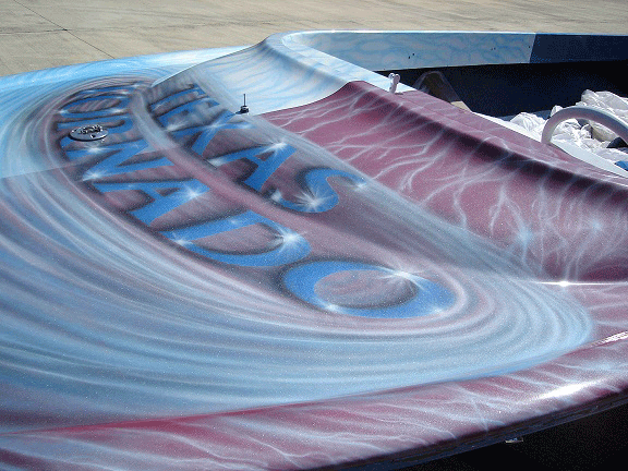 Jet boat airbrushed with Red Wine Kandy, Electric Blue, Silver Platinum Spectre Pearls.