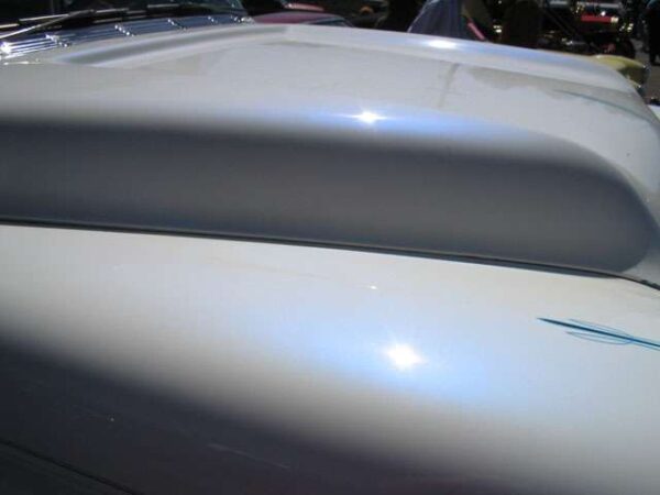 Blue Satin iridescent spectre pearls on White Hood