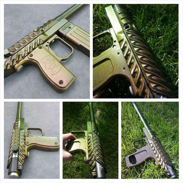 Paintball gun with 4739CS Gold Green Bronze Kameleon Paint powder coated on the surface.