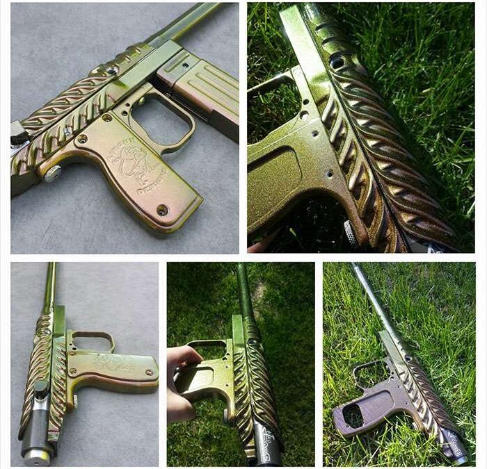 Paintball gun with 4739CS Gold Green Bronze Kameleon Paint powder coated on the surface.